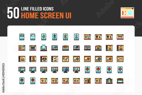 Set of 50 Home Screen UI icons related to home, search, Settings, User Line Filled Icon collection