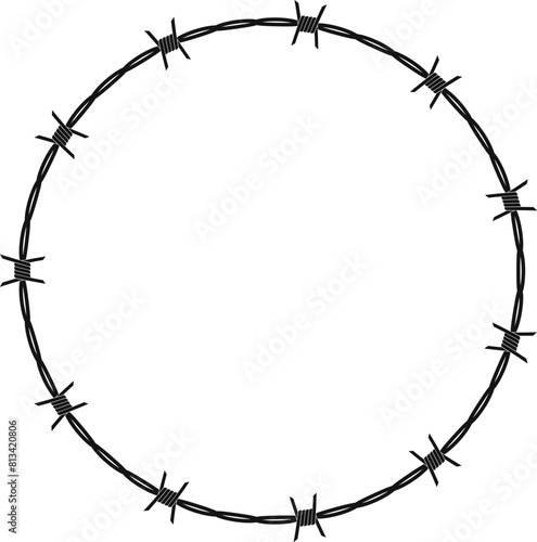 Twisted barbed wire silhouettes Steel black wire barb fence frames. Concept of protection, danger or security