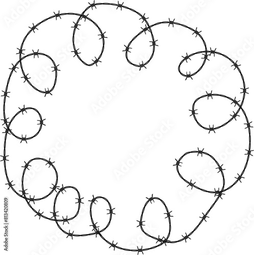 Twisted barbed wire silhouettes Steel black wire barb fence frames. Concept of protection, danger or security