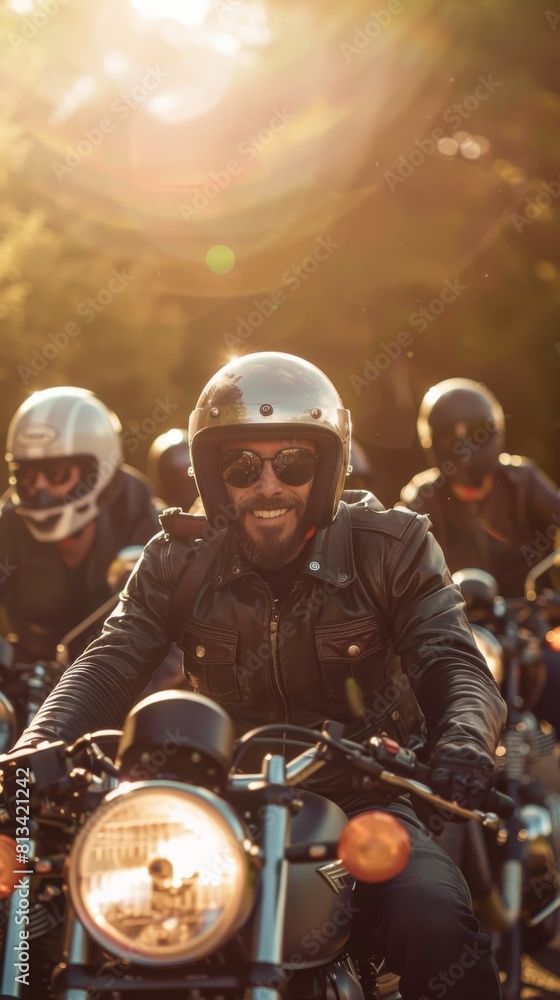 A motorcyclist in full gear enjoying a solitary ride on an open road in the beautiful backlight of the setting sun A motorcyclist in full gear enjoying a solitary ride on an open road in the beautiful backlight of the setting sun