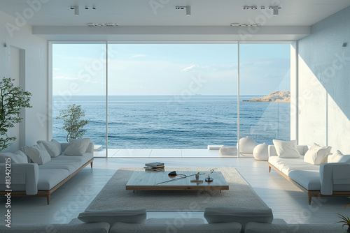 Minimalist living room with a serene sea view, simple furnishings, and a color palette that echoes the ocean. photo