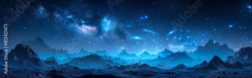 Panoramic wide angle view of vast landscape at night or dusk  mountains  sharp jagged rocks  vast arid rocky landscape - alien planet surface  ethereal sci-fi surface concept  pen tool cut Majestic Al