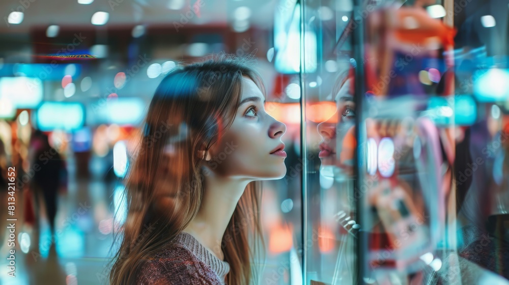 A woman standing indoors, looking up through a window towards the sky. She appears contemplative as she gazes outside. A woman standing indoors, looking up through a window towards the sky. She appears contemplative as she gazes outside.