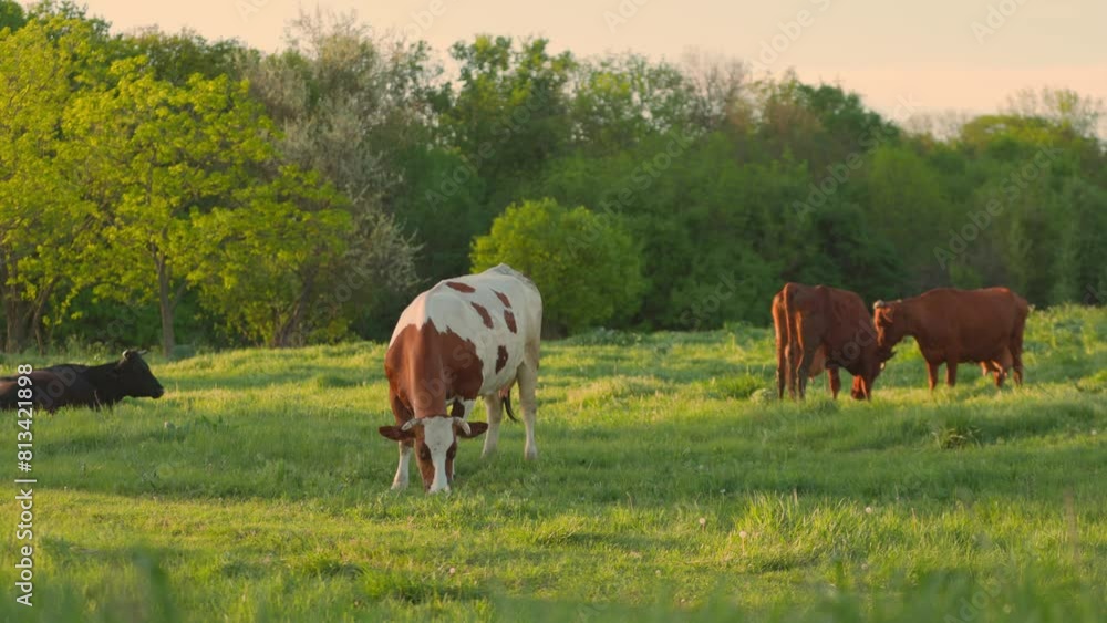 Cows Graze in Beautiful Green Meadow at Sunset Cows Graze in Beautiful Green Meadow at Sunset