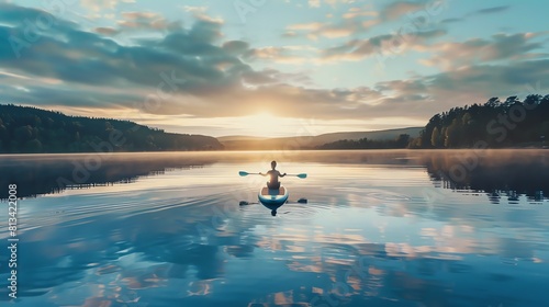 A young woman paddles a blue paddleboard across a misty lake at sunrise. She is wearing a life jacket and is surrounded by trees and mountains. photo