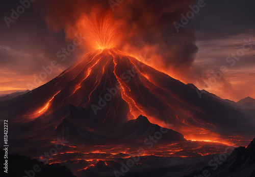 Infernal Canvas: Breathtaking Panoramic View of Volcanic Eruption Painting the Night with Intense Shades