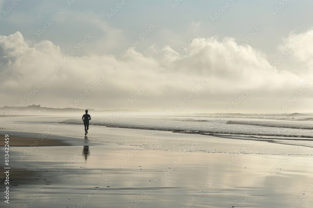 Runner on a misty beach dawn