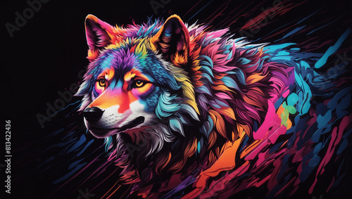 The wolf is multicolored, with bright blue, green, pink, and purple fur