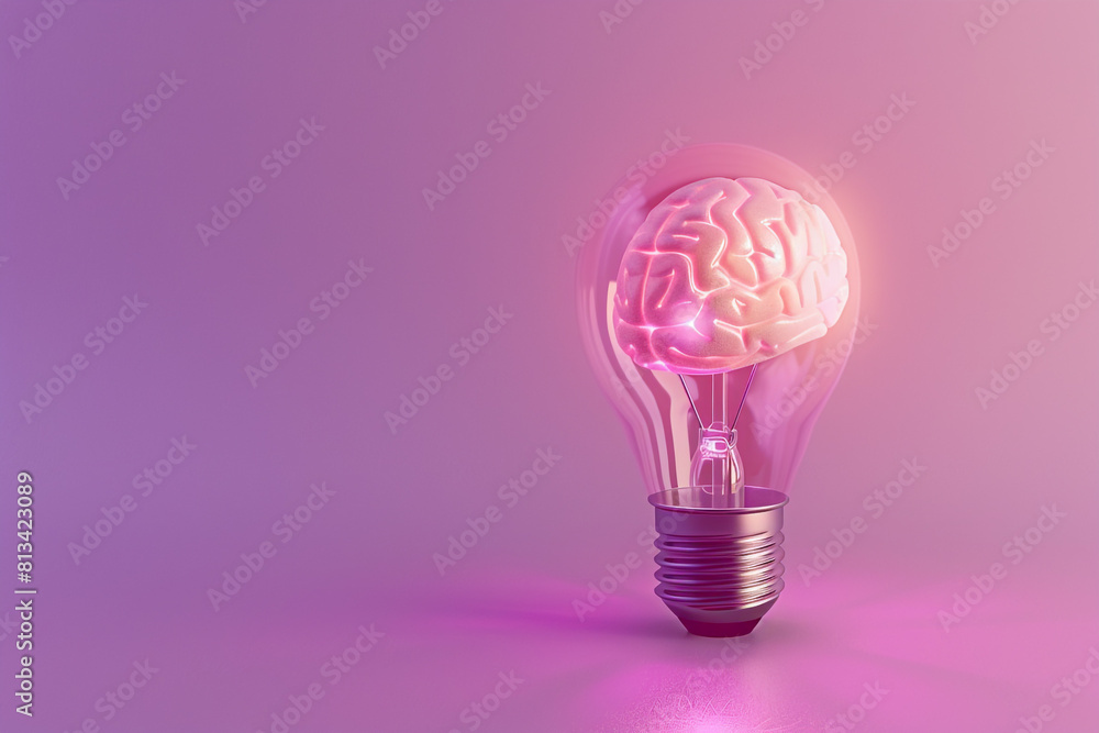 A 3D metallic light bulb with a brain-shaped filament, glowing on a pastel violet background, representing intelligent energy A 3D metallic light bulb with a brain-shaped filament, glowing on a pastel violet background, representing intelligent energy