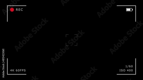 Camera recording screen overlay on black background, mirrorless cam viewfinder frame animation template, digital video recorder user interface display with setting and time data for production design