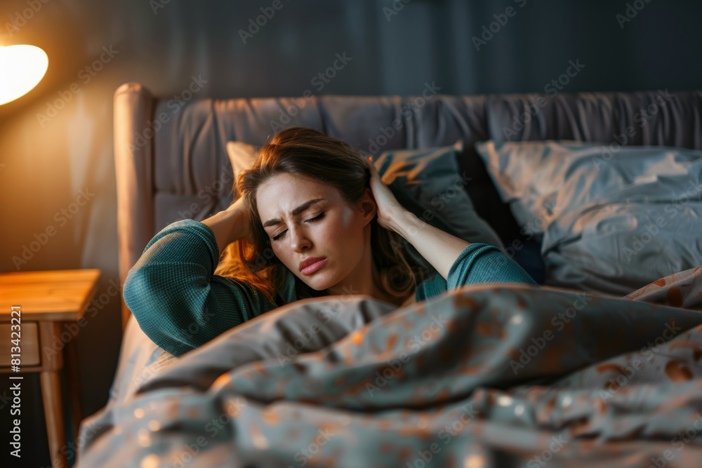 Fototapeta premium sad woman staying in bed waking up with headache, fatigue, migraine or suffering from insomnia