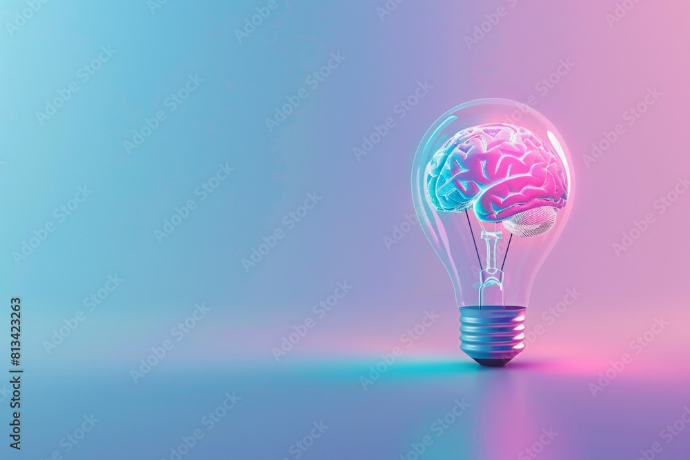 A 3D minimalist light bulb with a vibrant brain pattern, set against a calming pastel indigo background, denoting creative energy A 3D minimalist light bulb with a vibrant brain pattern, set against a calming pastel indigo background, denoting creative energy