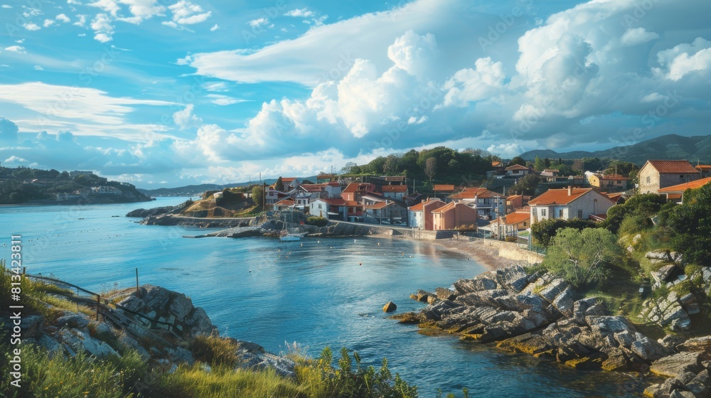 A detailed painting depicting a town situated by the shore of a vast body of water. The towns buildings and boats are prominently featured, creating a scenic waterfront view. A detailed painting depicting a town situated by the shore of a vast body of water. The towns buildings and boats are prominently featured, creating a scenic waterfront view.