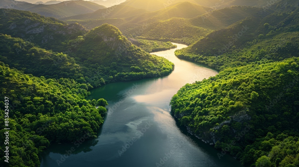 A river runs through a lush green valley. The water is calm and clear, reflecting the surrounding trees and mountains. The scene is serene and peaceful