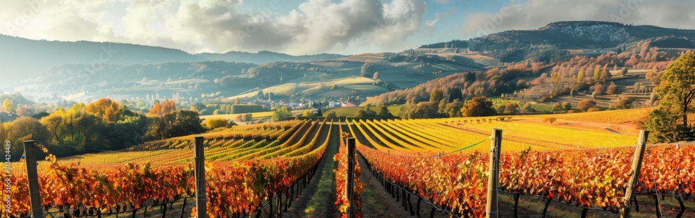 Naklejka premium A vineyard in autumn with vibrant red and orange leaves on the vines, set against a backdrop of towering mountains in the distance.