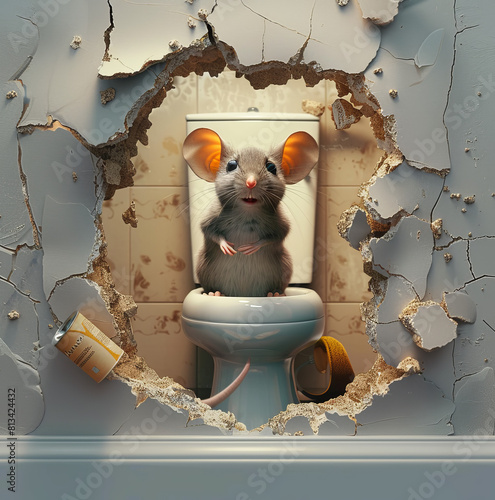 Mouse Sitting on Toilet inout of a hole in wall photo