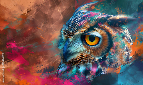 An owl with a blue and yellow eye ,generative ai