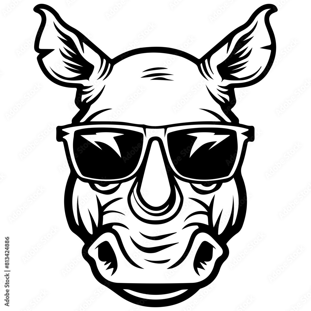 Fototapeta premium cool Rhinoceros wearing sunglass black silhouette logo svg vector, Rhinoceros icon illustration