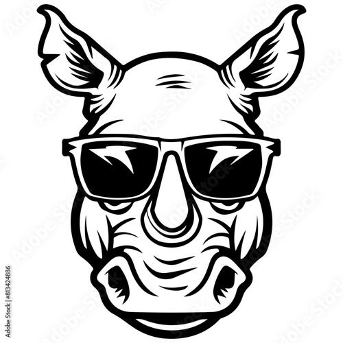cool Rhinoceros wearing sunglass black silhouette logo svg vector, Rhinoceros icon illustration
