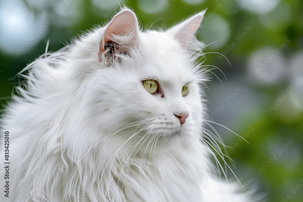 Beautiful fluffy white cat with alert expression