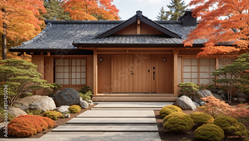 traditional Japanese house with a dark roof and wooden door