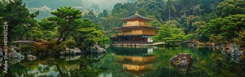 A realistic painting depicting a pagoda standing in the center of a lake  surrounded by water and lush greenery. The pagoda is the central focus of the composition  reflecting in the calm waters.