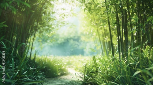 A path winds its way through a dense bamboo forest, with tall green stalks reaching towards the sky and creating a natural canopy overhead.