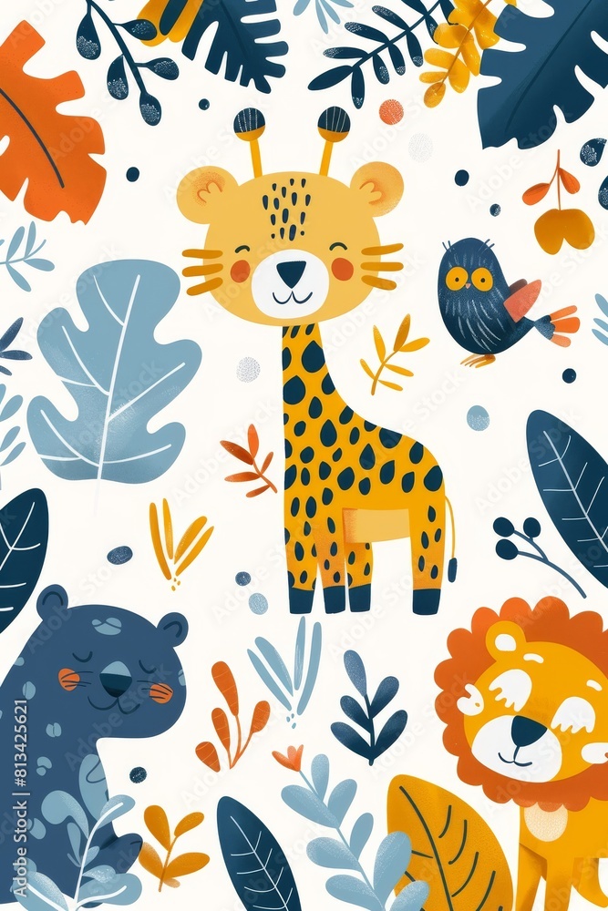 Fototapeta premium A colorful drawing of animals in a jungle setting