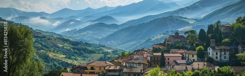 Wallpaper Mural The image showcases a quaint village nestled in the mountains, with rustic buildings dotting the landscape. Lush greenery surrounds the village, and towering mountains provide a majestic backdrop. Torontodigital.ca