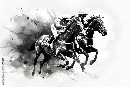 Black and white background. horse racing sketch. horse racing tournament. equestrian sport. illustration of ink paints.