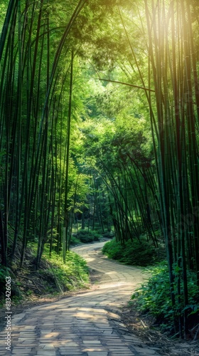 A dirt road winds through a dense bamboo forest. The towering bamboo trees line both sides of the road, creating a natural tunnel effect. The sunlight filters through the leaves, casting dappled shado