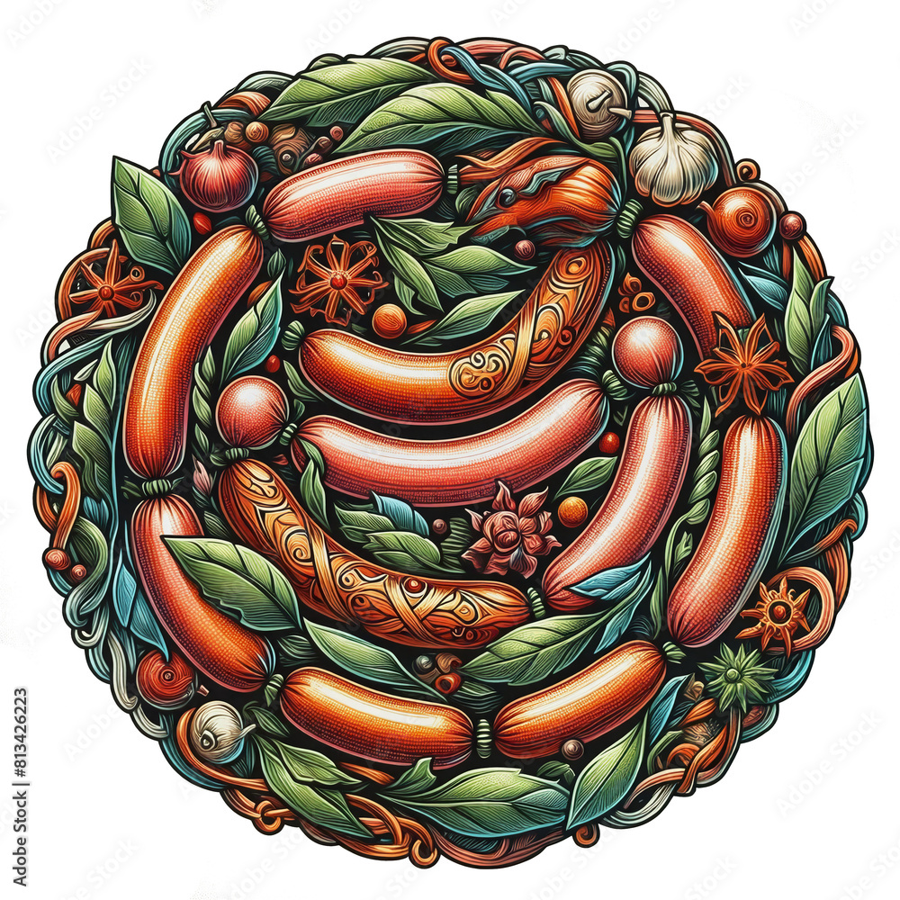 Colorful Wreath of Sausages and Herbal Spices Composition, Isolated (cut) background Colorful Wreath of Sausages and Herbal Spices Composition, Isolated (cut) background