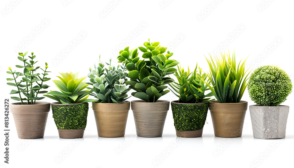 Set of artificial plants in flower pots isolated on white Set of artificial plants in flower pots isolated on white