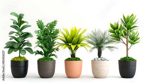 Set of artificial plants in flower pots isolated on white