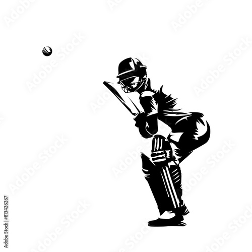 Cricket player batting, batsman, isolated vector silhouette