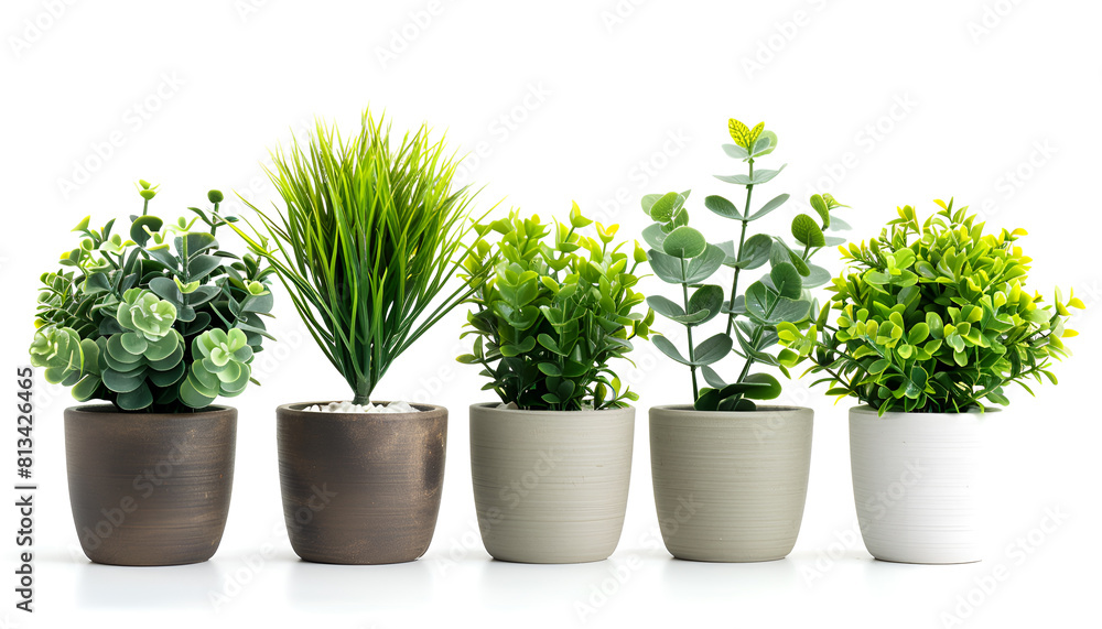 Set of artificial plants in flower pots isolated on white Set of artificial plants in flower pots isolated on white