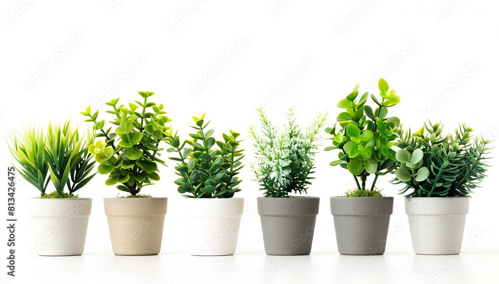 Set of artificial plants in flower pots isolated on white