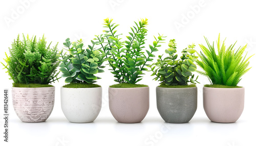 Set of artificial plants in flower pots isolated on white