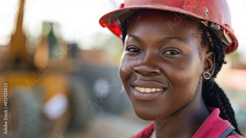 Smiling black african american female construction builder apprenticeship student, copy space