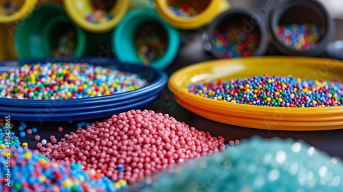 Plastic granules in vibrant colors and completed plastic plates photo