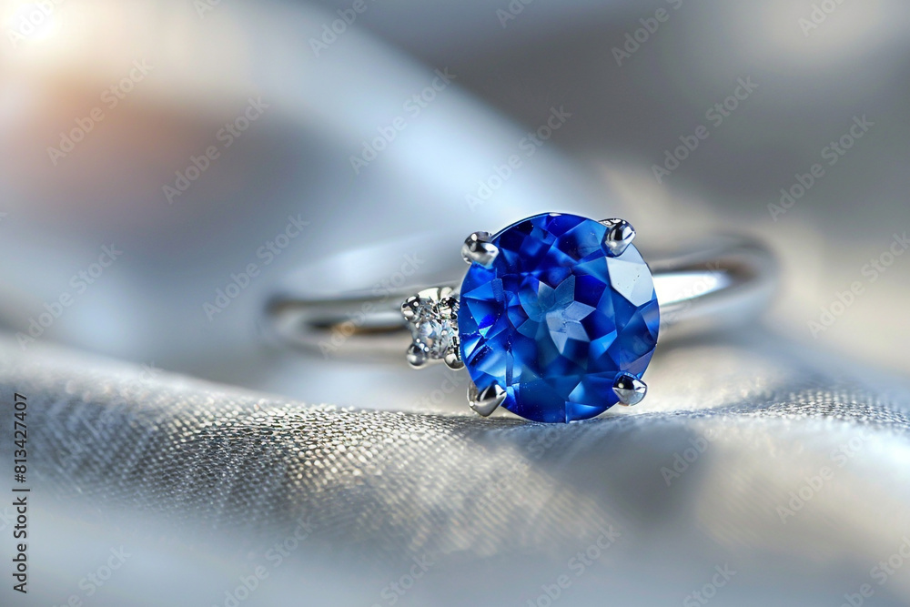A blue sapphire is displayed on a white surface high res Neelam stone, Beautiful ring A blue sapphire is displayed on a white surface high res Neelam stone, Beautiful ring