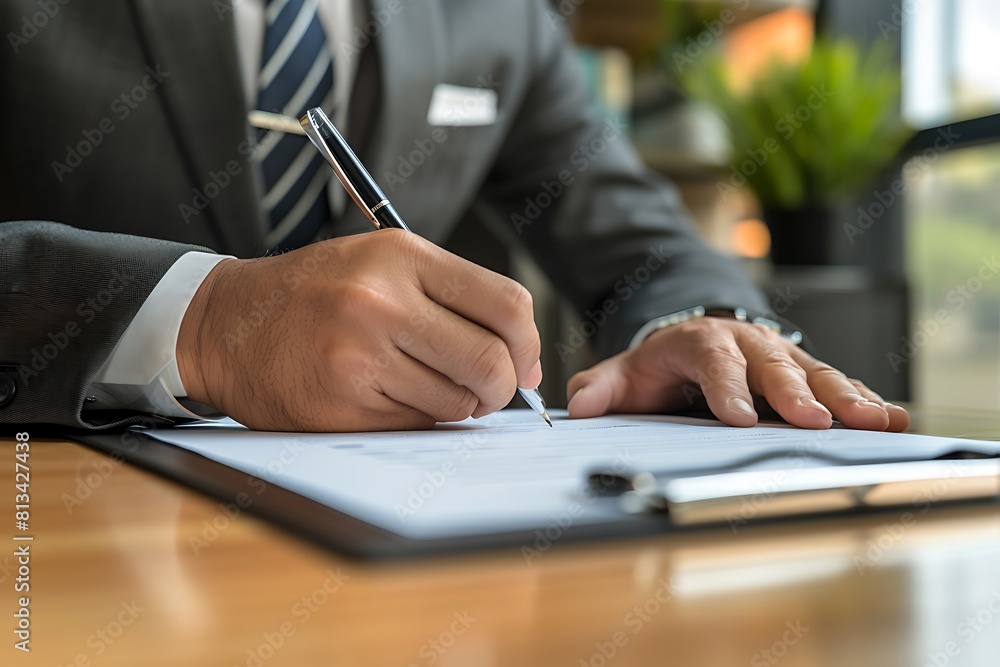 Close up a young businessman wearing a black suit, and tie, signing a white document on a white background. Close up a young businessman wearing a black suit, and tie, signing a white document on a white background.