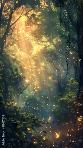 sun rays in the forest with comic concept