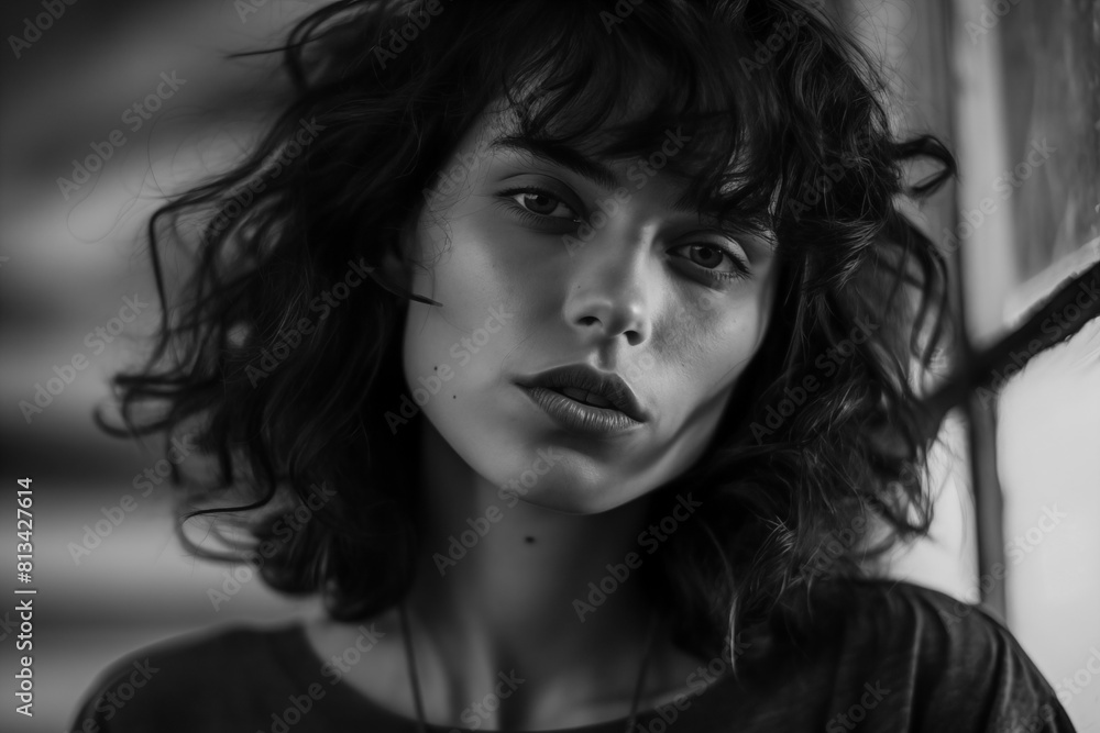Woman staring directly at the camera with a serious expression. She has captivating brown eyes framed by a cascade of dark hair. Generative AI Woman staring directly at the camera with a serious expression. She has captivating brown eyes framed by a cascade of dark hair. Generative AI