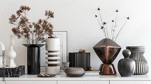 Chic and stylish decorative items arranged neatly on a white surface, offering a glimpse into modern design sensibilities.