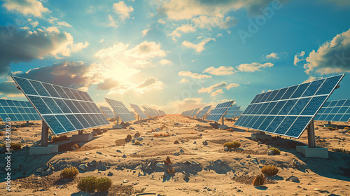 solar pv panels in a wide field on a sunny day, Ai generated Images photo