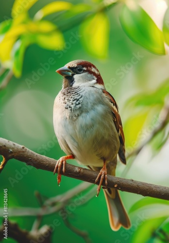 Vibrant Male House Sparrow Perched on a Branch