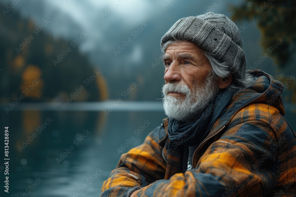 Elderly Man Contemplating by a Misty Lake Elderly Man Contemplating by a Misty Lake