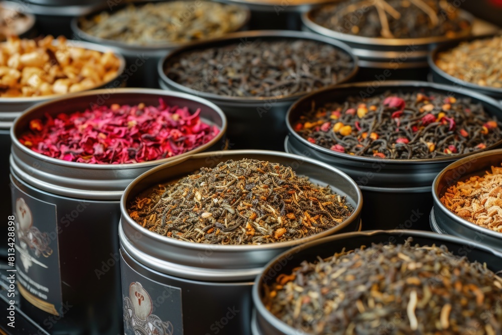 Variety of gourmet loose tea blends in circular containers. Variety of gourmet loose tea blends in circular containers.
