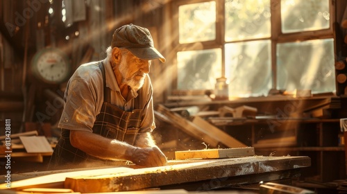 A man is seen diligently working on a piece of wood, carving and shaping it with precision and skill. Wood shavings are scattered around him as he focuses on his craft.